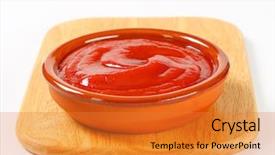  Presentation with cutting board - Amazing PPT theme having bioceramic - bowl of ketchup sauce backdrop and a gold colored foreground