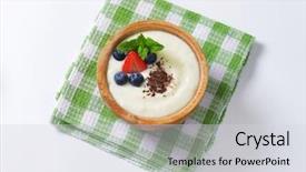  Presentation with smoothie strawberry and blueberries - Amazing presentation design having bioceramic - overhead view of sweet oatmeal backdrop and a light gray colored foreground