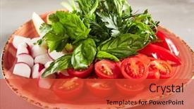  Presentation with sweet basil - Slide deck having bioceramic - vegan plate of fresh sliced background and a red colored foreground