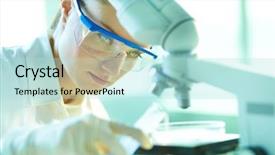  Presentation with study - Cool new presentation design with biochimie - female biochemist mixing substances backdrop and a mint green colored foreground