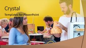  Presentation with work design - Beautiful presentation featuring biodegradeable plastic - three industrial designers gathering backdrop and a yellow colored foreground