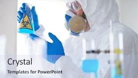  Presentation with toxic - Presentation having biohazard symbol - scientist in protective overall respirator background and a  colored foreground