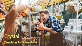  Presentation with welcome gardeners - Presentation design consisting of bioimaging - image of two excited gardeners background and a tawny brown colored foreground