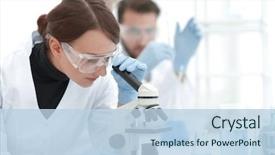  Presentation with microscope - PPT theme consisting of biology - female scientists looking background and a light blue colored foreground