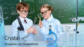  Presentation with children - Presentation design enhanced with biology - two children scientists making experiments background and a light blue colored foreground