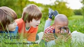 Presentation with looking glass - Amazing presentation theme having biology ecology - three children are looking backdrop and a seafoam green colored foreground