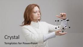  Presentation with crystal lattice - Cool new theme with biology hormonio - woman scientist holding model backdrop and a light gray colored foreground