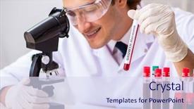  Presentation with testing blood - PPT theme enhanced with biology hormonio - young handsome lab assistant testing background and a sky blue colored foreground
