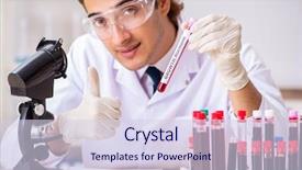  Presentation with testing blood - PPT theme with biology hormonio - young handsome lab assistant testing background and a sky blue colored foreground