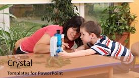  Presentation with biology - PPT theme consisting of biology lesson in preschool - teacher and two boys background and a coral colored foreground