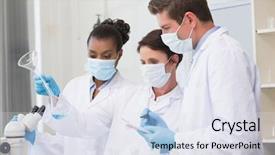  Presentation with biology - PPT theme with biology research - scientists looking at beaker background and a sky blue colored foreground