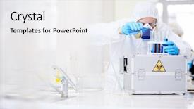  Presentation with laboratory chemical - Beautiful PPT theme featuring biology respiration - scientist in uniform working backdrop and a white colored foreground