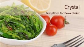  Presentation with napkin - Presentation design consisting of biology seaweed - sea kale in bowl close-up background and a lemonade colored foreground