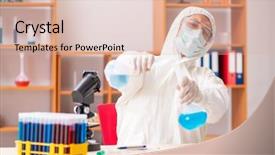  Presentation with medical protective wears - Amazing PPT theme having biology smell - young biochemist wearing protective suit backdrop and a  colored foreground