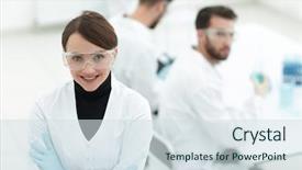  Presentation with biomedical - PPT layouts enhanced with biomedical - portrait of scientist in laboratory background and a sky blue colored foreground