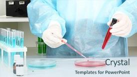  Presentation with biochemistry research laboratory - Audience pleasing PPT theme consisting of biomedical instruments - scientist conducting research in laboratory backdrop and a light blue colored foreground