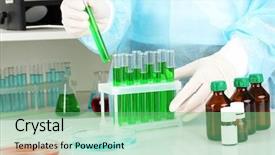  Presentation with research - Slides having biomedical instruments - scientist conducting research in laboratory background and a  colored foreground