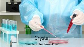  Presentation with research - Presentation theme consisting of biomedical instruments - scientist conducting research in laboratory background and a  colored foreground