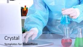  Presentation with biomedical - Audience pleasing PPT theme consisting of biomedical instruments - scientist entering data on laptop backdrop and a  colored foreground