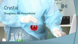  Presentation with data - Slide deck consisting of biomedical instruments - scientist entering data on laptop background and a  colored foreground