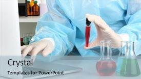  Presentation with data - Amazing PPT theme having biomedical instruments - scientist entering data on laptop backdrop and a  colored foreground