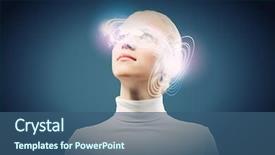  Presentation with hologram - Colorful slide set enhanced with biometric health - young woman in white backdrop and a ocean colored foreground