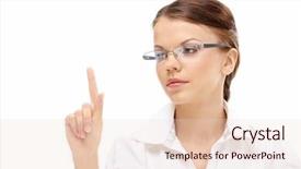  Presentation with finger - Audience pleasing slides consisting of biometric screening - attractive business woman touches backdrop and a lemonade colored foreground