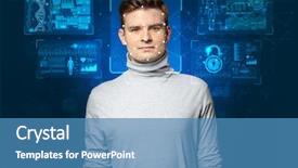  Presentation with face recognition - Colorful slides enhanced with biometric verification - young man face backdrop and a  colored foreground