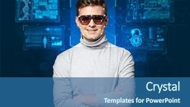  Presentation with face recognition - Slide deck with biometric verification - young man face background and a  colored foreground