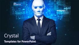  Presentation with face recognition - Beautiful PPT layouts featuring biometric-verification-young-man-face backdrop and a navy blue colored foreground