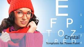  Presentation with glasses - PPT theme with biometry - beautiful girl wearing glasses checking background and a  colored foreground