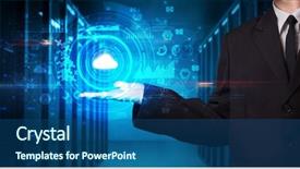  Presentation with biometric security - PPT theme enhanced with biophysics - man holding hologram projection displaying background and a ocean colored foreground