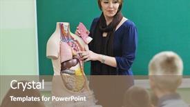  Presentation with school children - Slide deck featuring bioscience - happy children group in school background and a violet colored foreground