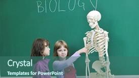  Presentation with school children - PPT theme with bioscience - happy children group in school background and a  colored foreground