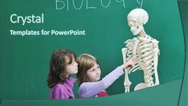  Presentation with school children - Cool new slide deck with bioscience - happy children group in school backdrop and a ocean colored foreground