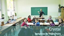  Presentation with school children - Beautiful presentation theme featuring bioscience - happy children group in school backdrop and a ocean colored foreground