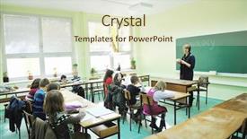  Presentation with school children - Colorful slides enhanced with bioscience - happy children group in school backdrop and a soft green colored foreground