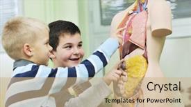  Presentation with school children - Beautiful theme featuring bioscience - happy children group in school backdrop and a coral colored foreground