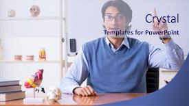  Presentation with anatomy - Slide deck with bioscience - young lecturer teacher teaching anatomy background and a  colored foreground