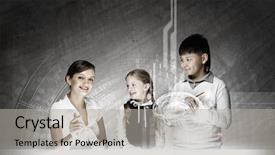  Presentation with hologram - Audience pleasing PPT theme consisting of bioscience - young teacher and her pupils backdrop and a  colored foreground