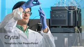  Presentation with scientific research - Presentation theme enhanced with biotech - senior male researcher carrying background and a light gray colored foreground