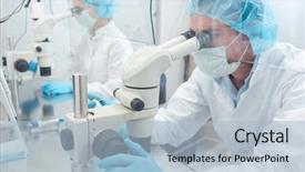 Presentation with lab - PPT layouts with biotech - two lab technicians or scientists background and a light blue colored foreground