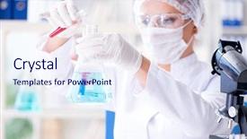  Presentation with scientist - Amazing slide deck having biotechnology - female scientist researcher conducting backdrop and a sky blue colored foreground