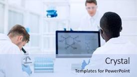  Presentation with small group working - Amazing PPT layouts having biotechnology - group of scientists working backdrop and a light blue colored foreground