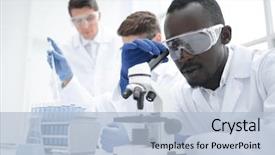  Presentation with microscope - Beautiful PPT layouts featuring biotechnology - modern scientist looking backdrop and a light blue colored foreground