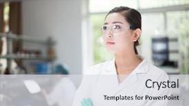  Presentation with cytology laboratory - Theme with biotechnology - people working at laboratory background and a sky blue colored foreground