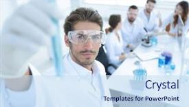  Presentation with biotechnology laboratory - Beautiful presentation design featuring biotechnology - tube with reagents on blurred backdrop and a sky blue colored foreground