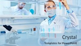  Presentation with biotechnology lab - PPT theme enhanced with biotechnology - young chemist analyzing liquids background and a light blue colored foreground