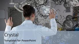  Presentation with cells - Audience pleasing presentation theme consisting of biotechnology electricity - doctor woman touching cells backdrop and a light blue colored foreground
