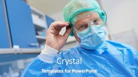  Presentation with biotechnology laboratory - Audience pleasing PPT theme consisting of biotechnology-scientist-in-protective-clothing backdrop and a teal colored foreground